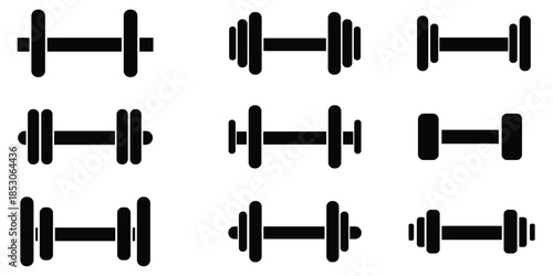 Dumbbell icons set in outlined and filled flat style. Gym heavy strength training dumbbell line pictograms. Weight lifting dumbbell signs eps 10