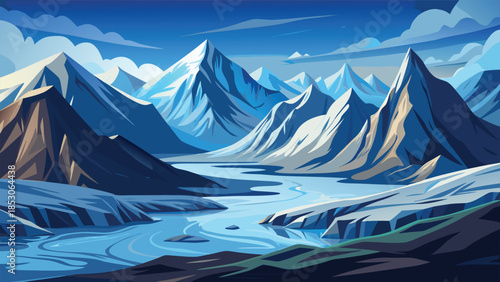 Vast blue glacier landscape with winding river and snow capped mountains