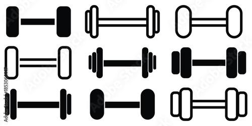 Dumbbell icons set in outlined and filled flat style. Gym heavy strength training dumbbell line pictograms. Weight lifting dumbbell signs eps 10