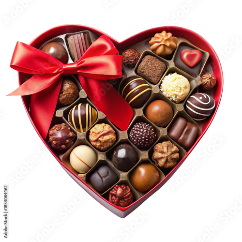 Heart-shaped red gift box with a red bow filled with various gourmet chocolates