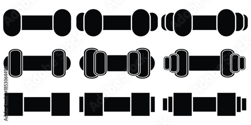 Dumbbell icons set in outlined and filled flat style. Gym heavy strength training dumbbell line pictograms. Weight lifting dumbbell signs eps 10