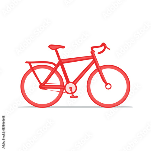A vibrant crimson bicycle illustration, featuring stylized frame, saddle, pedals, and wheels on a clean white backdrop.