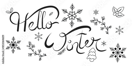 hello winter hand lettering with snowflakes and botanical line art, hello winter calligraphy typography in black and white doodle style, winter greeting lettering with snowflakes leaves.