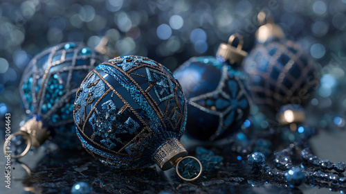 Elegant Blue Christmas Baubles with Glittering Details and Soft Bokeh Background