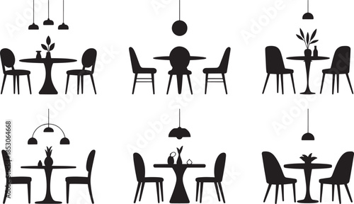 Minimal black dining table and chair silhouettes set showing modern café and restaurant seating arrangements in flat icon style.