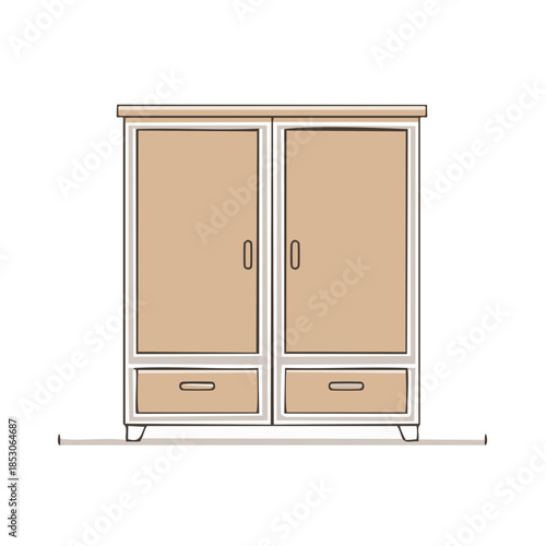 Illustrated wardrobe in white frame with doors and drawers furniture storage element object