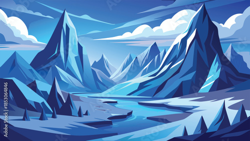 Stylized icy mountain landscape with sharp angular peaks and flowing river