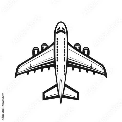 Airplane vector icon illustration, aerial view of jet plane, commercial airliner design element, transportation industry graphic