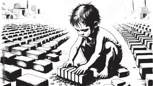A Powerful Illustration of a Young Boy Struggling with Hardship in a Factory Setting.