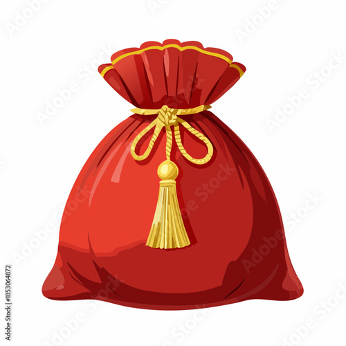 Red Sack of Fortune: A vibrant red sack, adorned with an elegant golden tassel and drawstrings, symbolizing luck and prosperity, stands out with vivid color and intricate detail.
