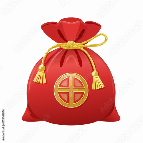 Mystical Fortune Sack: An exquisitely crafted crimson sack of fortune, adorned with a golden emblem, suggesting mysteries. The elegant rope draws it closed, promising treasures within. 