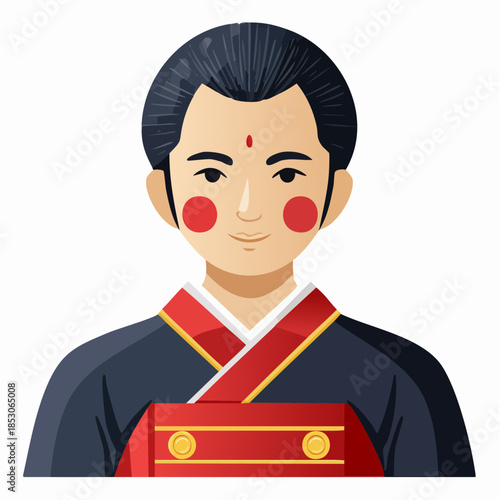 Japanese Royalty in Formal Attire: An illustration of a member of the Japanese royal family, dressed in traditional formal attire. The subject of the image has a calm and dignified expression.
