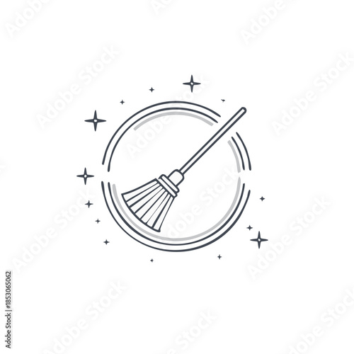 Minimalist Broom Icon with Sparkle Effect in Circle Frame Symbolizing Cleaning