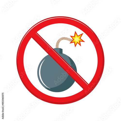Bomb prohibition icon symbolizes peace, safety, and the rejection of violence; warning sign with explosive device banned for security.