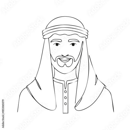 Simple Line Drawing of a Smiling Middle Eastern Man Wearing Traditional Headdress