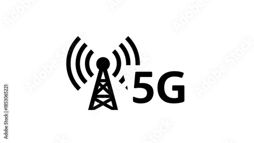 5G network signal tower icon. Simple black and white vector silhouette illustration of wireless technology symbol isolated on white background.