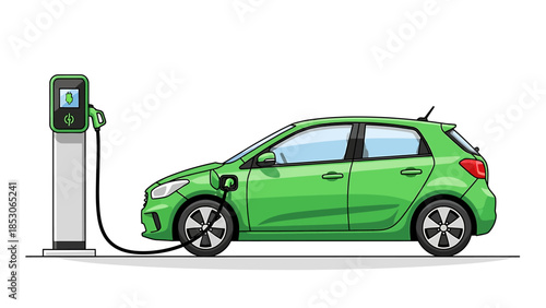 A green electric car is charging its battery at a public charging station, illustrating sustainable transportation and eco-friendly technology.