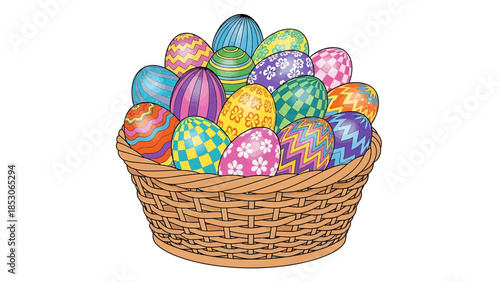 A woven brown basket overflowing with many brightly colored and patterned Easter eggs, ready for a festive celebration.