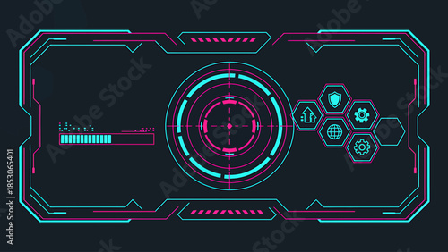 Futuristic interface with neon lights and digital elements on dark background viewed from front