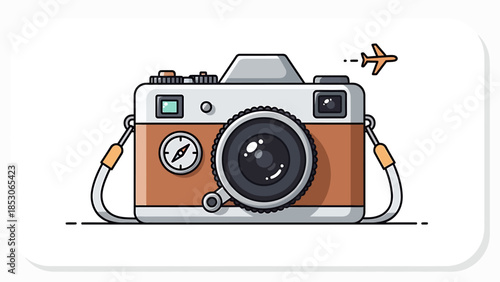 Flat Vector Illustration of a Retro Travel Camera with Airplane Icon