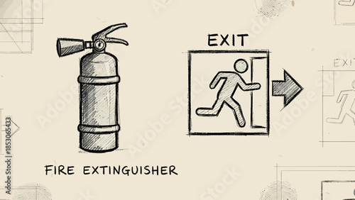 Fire Extinguisher and Exit Sign Icons for Safety and Emergency Preparedness Illustration