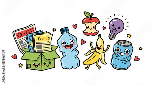 Cartoon Characters with Food and Stationery Items in a Joyful Scene