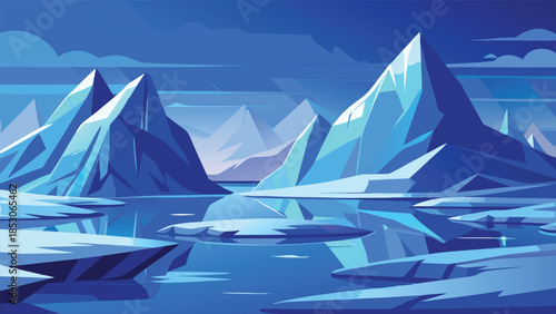 Stylized arctic landscape with sharp blue ice mountains and water 1