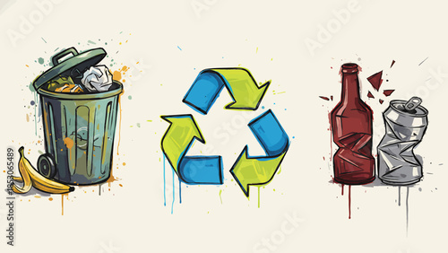 Illustrative Icons of Recycling, Trash Can, and Beverage Containers for Environmental Awareness and Waste Management Concepts