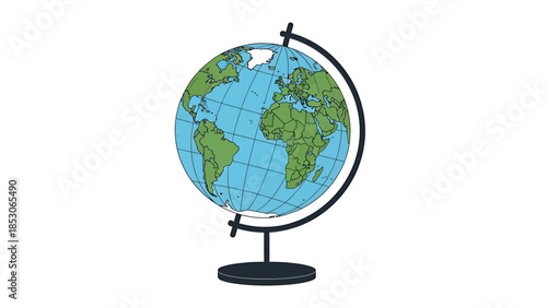 Detailed illustration of a world globe showing continents and oceans on a black stand.