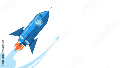 A vibrant blue rocket launching into the sky with orange flames and smoke, illustrating progress and innovation.