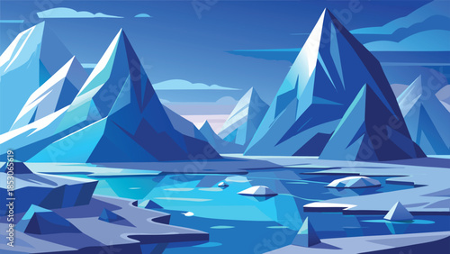 Stylized arctic landscape with sharp blue ice mountains and water