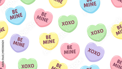 A seamless pattern of pastel conversation heart candies with "BE MINE" and "XOXO" messages on a white background, perfect for Valentine's Day.
