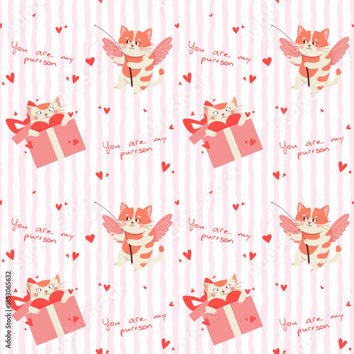 Vector Valentine pattern with cartoon cupid cats, gift boxes and hearts on striped background. Romantic holiday illustration for greeting cards, wrapping paper, stationery, textiles, love decor