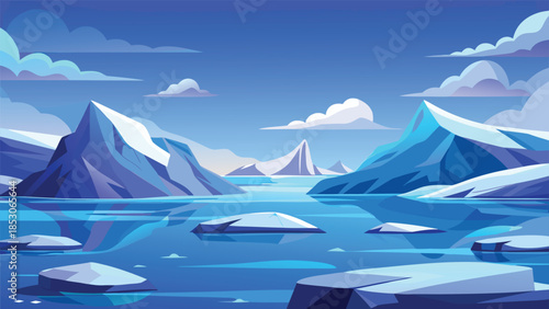 Stylized Arctic landscape with floating icebergs and mountains