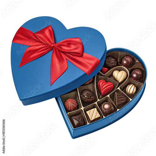 Heart-shaped blue box with red ribbon holds an assortment of delicious chocolates