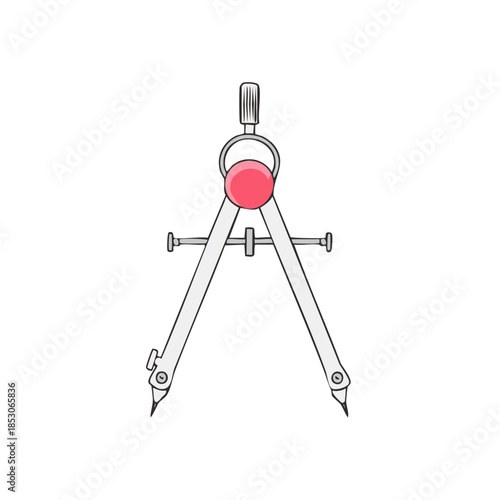 Illustration of a Compass Tool for Measuring and Drawing Circles in Silver with a Pink Knob