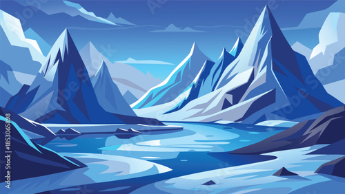 Stylized icy mountain landscape with sharp angular peaks and reflective water