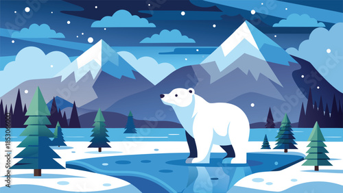 White polar bear on icy landscape with snowy mountains