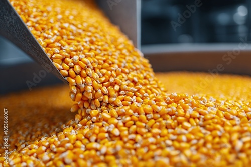 Golden corn kernels pour down, indicating the harvesting process during the agricultural season