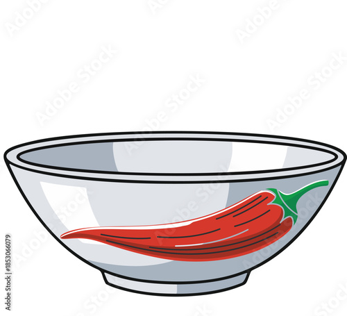 Vibrant red chili pepper illustration resting in a classic white ceramic bowl, symbolizing spice, heat, and culinary flavor for various food-related designs and themes