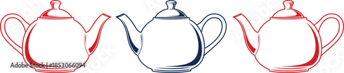 Teapot set in flat outline style representing hot tea service cafe kitchen drinkware vector illustration