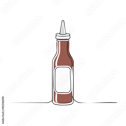 Ketchup bottle illustration in brown single line art on white background