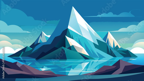 Stylized geometric mountain range reflected in water