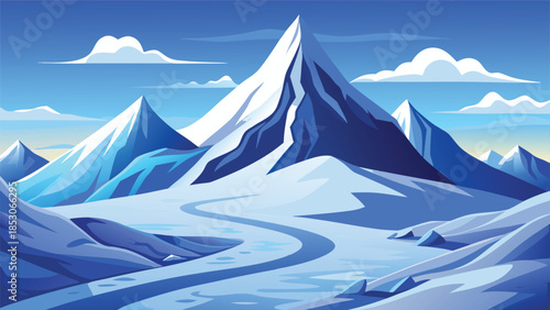 Snow covered mountains with winding icy path and clouds