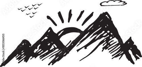 A hand-drawn illustration depicting a serene sunrise over rugged mountains with birds in flight Vector, illustration