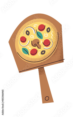 Baked pizza resting on paddle