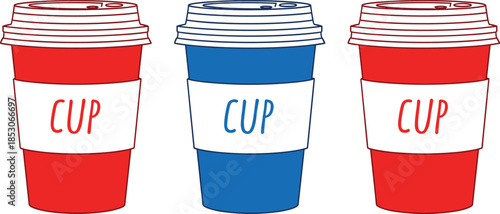 Disposable coffee cups set with lid and sleeve representing takeaway beverage packaging and cafe branding flat vector illustration