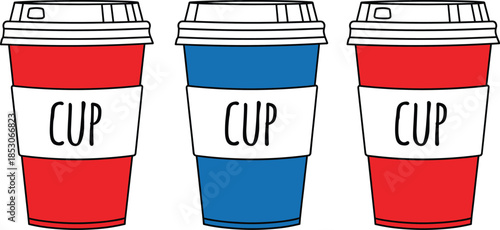 Takeaway coffee cups set with sleeve and lid representing hot beverage packaging cafe branding and flat vector illustration