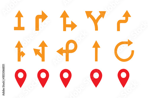 Navigation arrow and location pin icon set, directional clipart for maps and GPS UI design