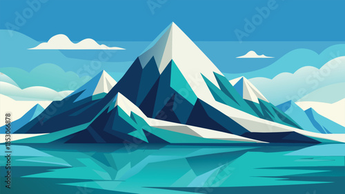 Stylized mountain range reflected in calm water landscape